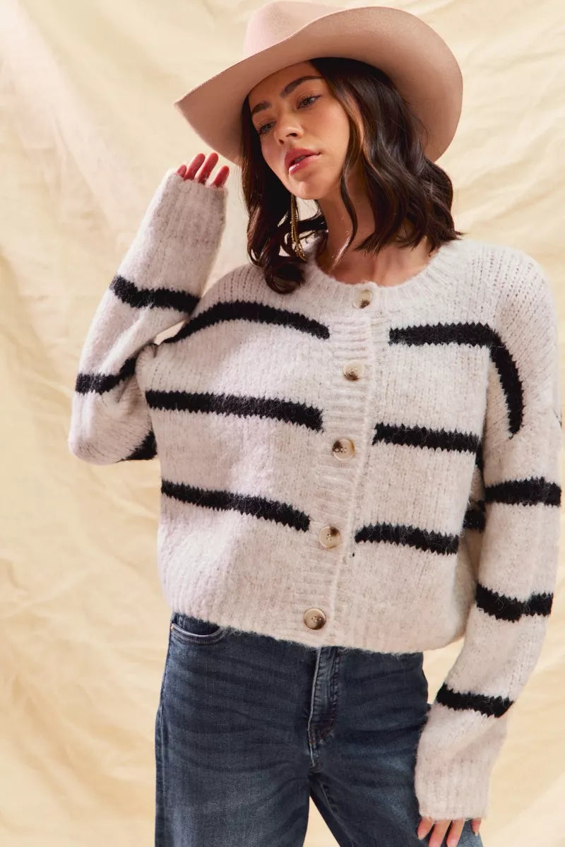 SO ME Stripe Soft Touch Button Cozy Sweater Cardigan
