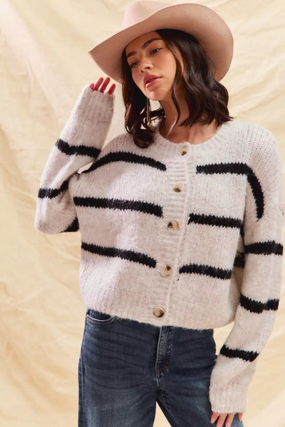 SO ME Stripe Soft Touch Button Cozy Sweater Cardigan