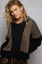 POL Color Block Waffle Knit Raw Hem Sweatshirt