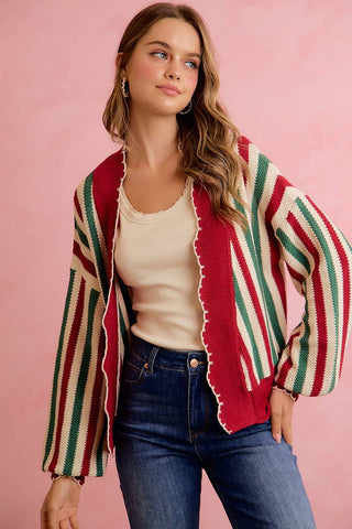 Christmas Open Front Knit Cardigan with Scalloped Edges