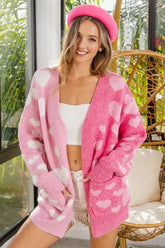 BiBi Heart Color Block V-Beck Knit Cardigan with Pockets