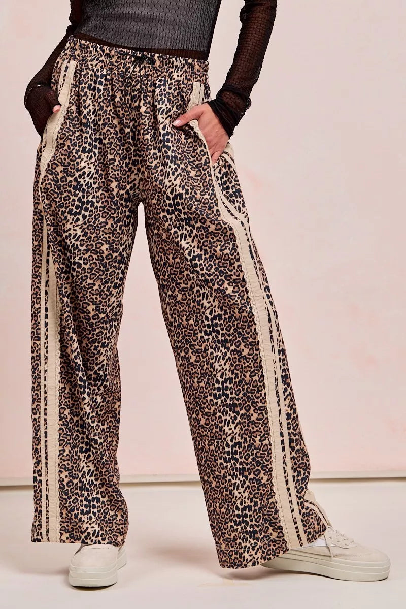 BiBi Leopard Printed Track Pants with Side Contrast Lace