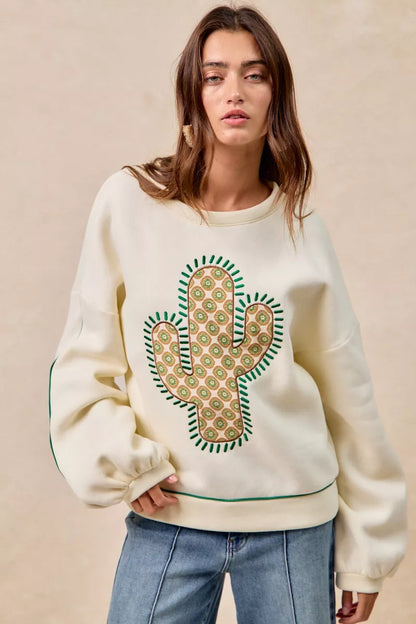 BiBi Cactus Embroidered Fleece Sweatshirt