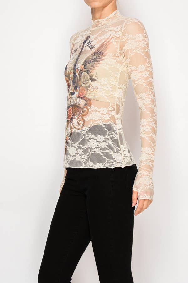 Sheer Flower Lace Mesh Long Sleeve Top  OLS-4865BG-CITY OF M: CITY OF MUSIC / 2XL