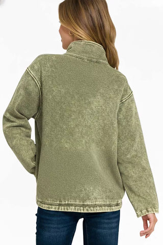 Zenana Fleece Washed High Neck Kangaroo Pocket Sweatshirt is