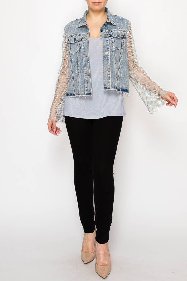 Statement Denim Jacket With Sparkly Details &amp; Net Mesh Sleeves - 4777SW DENIM