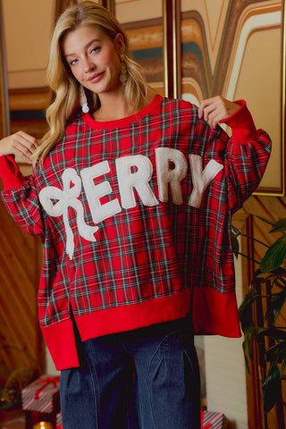 Christmas Tartan Plaid Merry Chenille Patch Sweatshirt