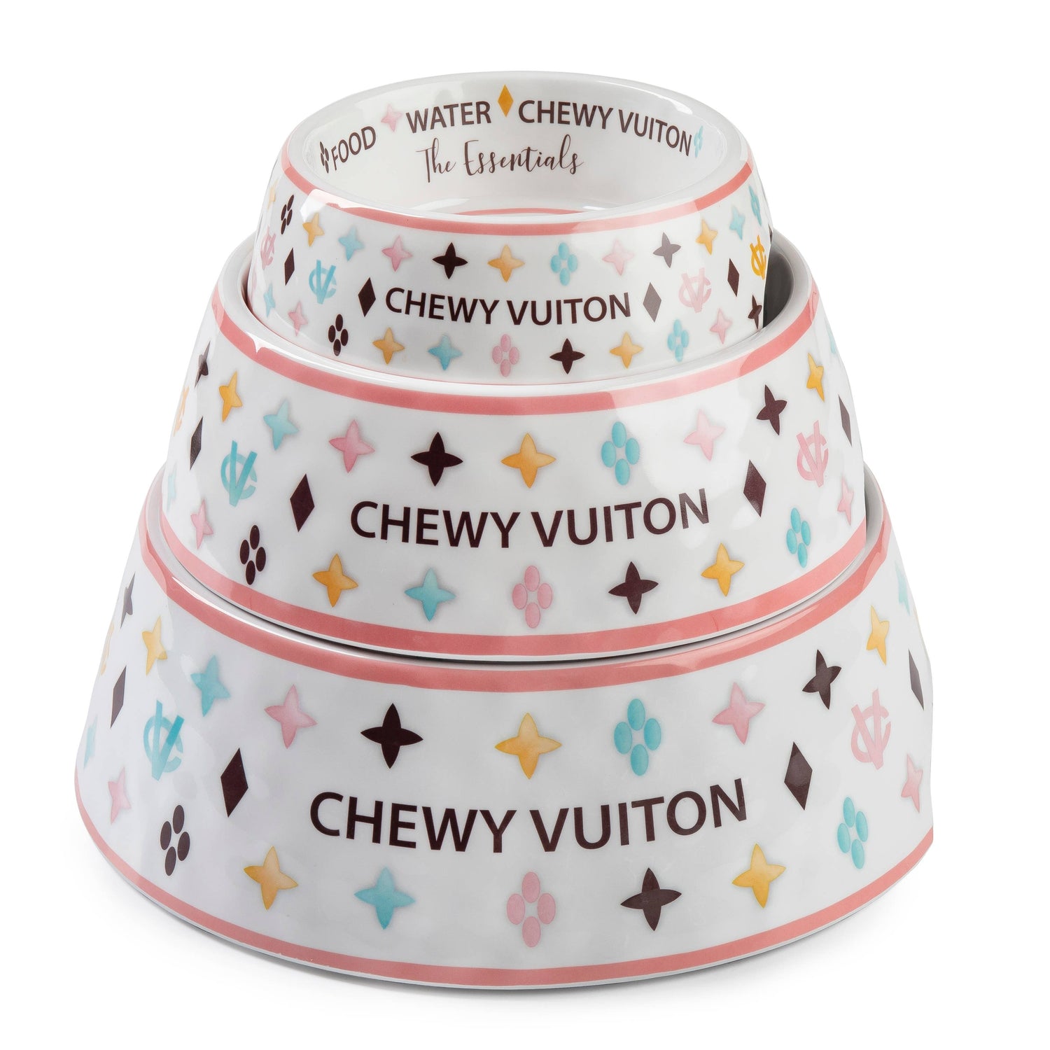 White Chewy Vuiton Bowls &amp; Mat  Set Dog Food Bowl