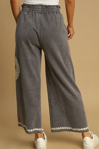 Umgee Full Size Peace Lace Applique Mineral Wash Wide Leg Pants