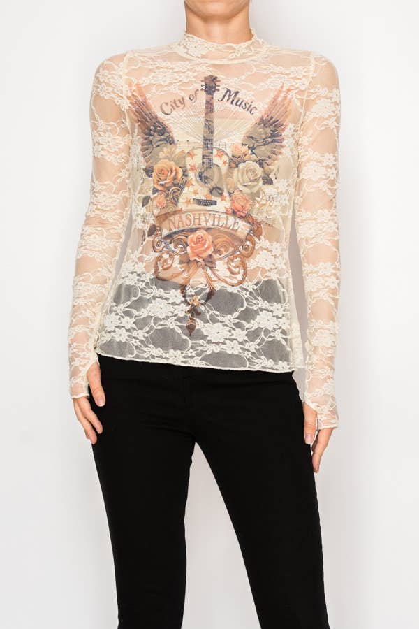 Sheer Flower Lace Mesh Long Sleeve Top  OLS-4865BG-CITY OF M: CITY OF MUSIC / 2XL