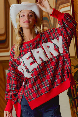 Christmas Tartan Plaid Merry Chenille Patch Sweatshirt