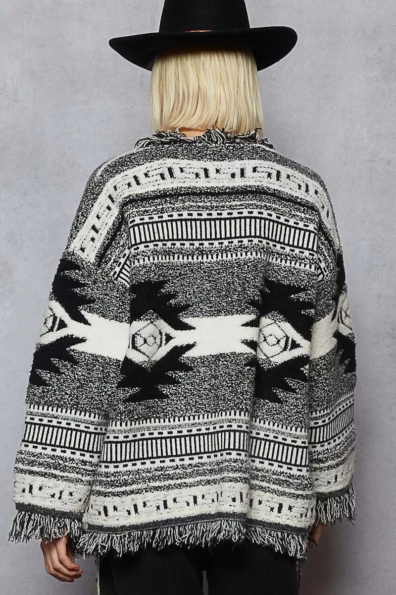 POL Open Front Geometric Print Cardigan with Fringe Detail