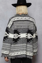 POL Open Front Geometric Print Cardigan with Fringe Detail