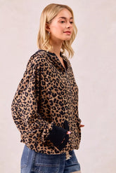 BiBi Leopard Print Waffle Half Zip Up Hoodie W Pocket