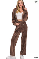 Zenana Velvet Zip Up Hoodie and Pants Set