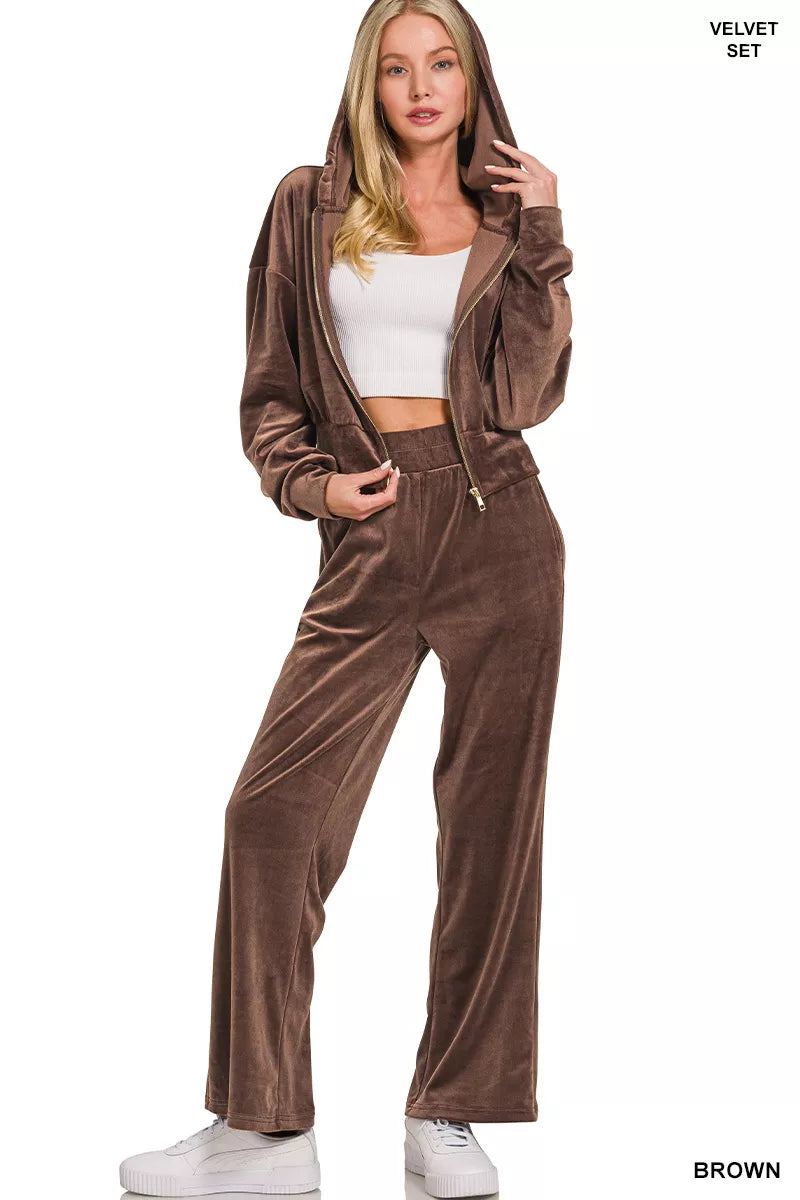Zenana Velvet Zip Up Hoodie and Pants Set