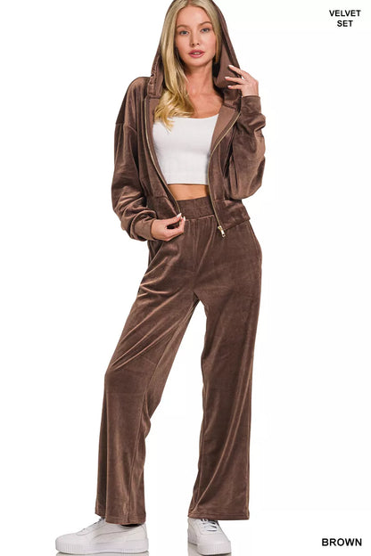 Zenana Velvet Zip Up Hoodie and Pants Set