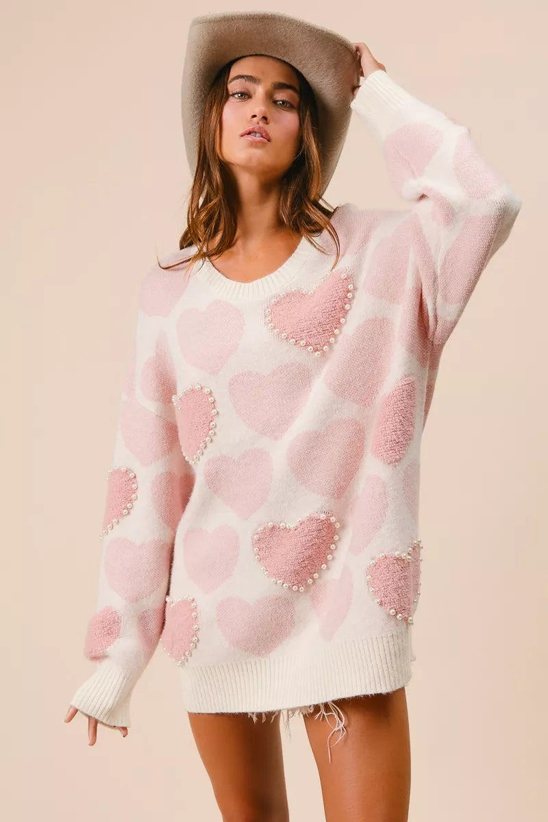 BiBi Heart Pattern Sweater with Pearl Detail