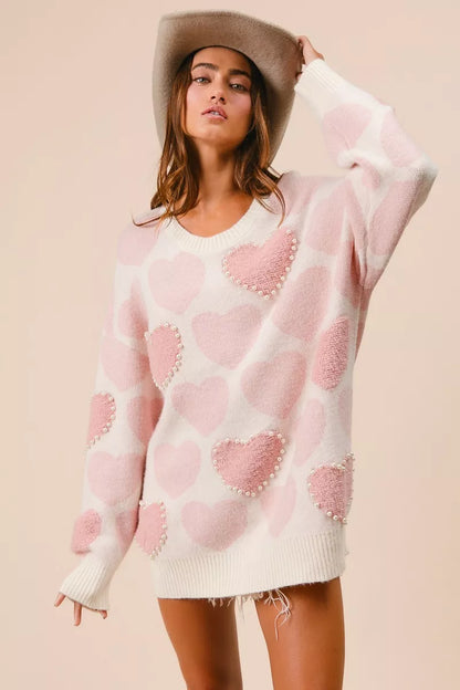 BiBi Heart Pattern Sweater with Pearl Detail