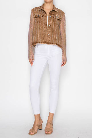 Denim Jacket With Sparkly Details & Mesh Sleeves 4777SW BRN: SW BROWN / M