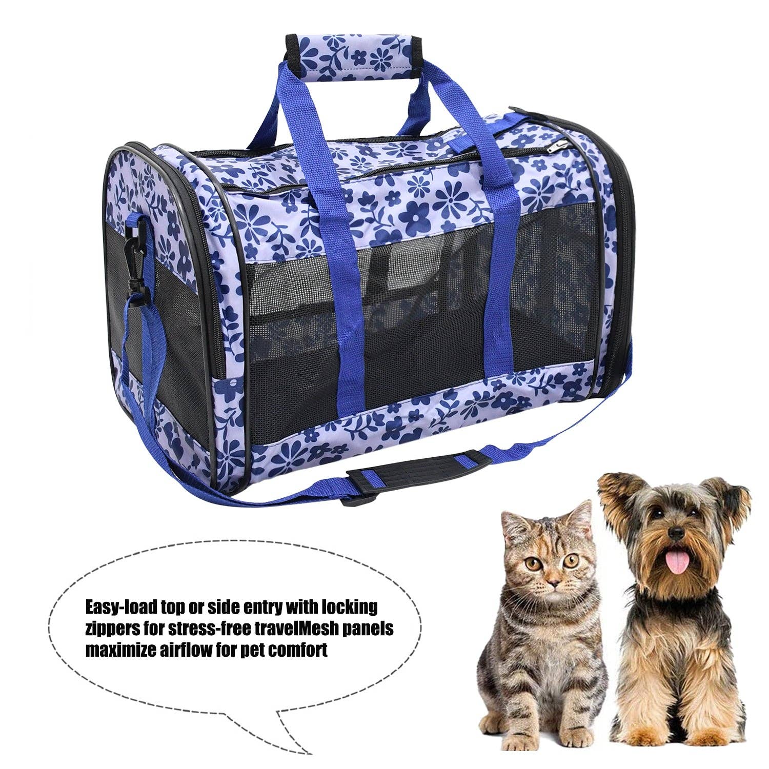 GOOPAWS Soft-Sided Small Dog Cat Carrier Bag, Floral Print Blue, 19&