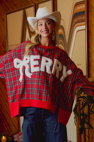 Christmas Tartan Plaid Merry Chenille Patch Sweatshirt