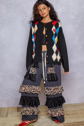 POL Button Down Diamond Pattern Round Neck Cardigan