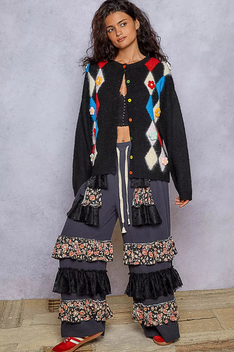 POL Button Down Diamond Pattern Round Neck Cardigan