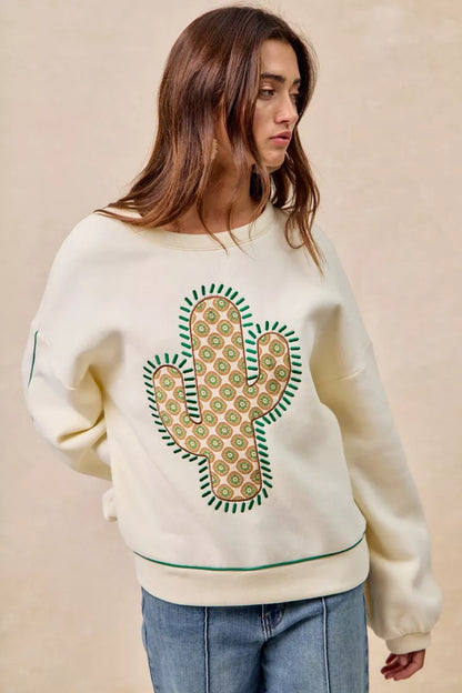BiBi Cactus Embroidered Fleece Sweatshirt