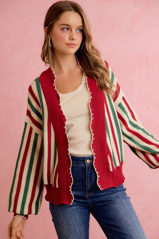 Christmas Open Front Knit Cardigan with Scalloped Edges