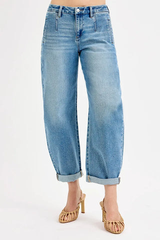 RISEN Full Size Mid Rise Fit Barrel Roll Up Jeans Plus Size Jo Jo