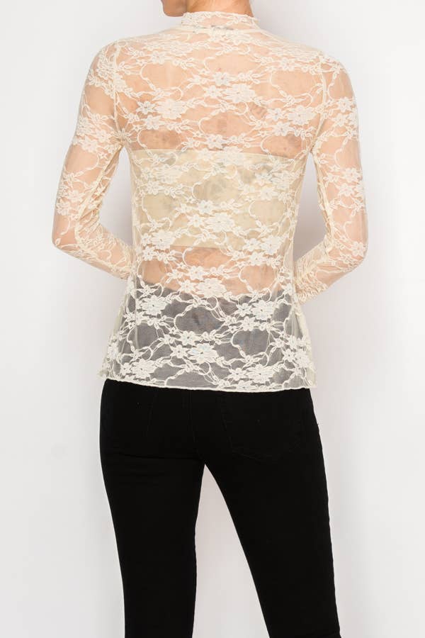 Sheer Flower Lace Mesh Long Sleeve Top  OLS-4865BG-CITY OF M: CITY OF MUSIC / M