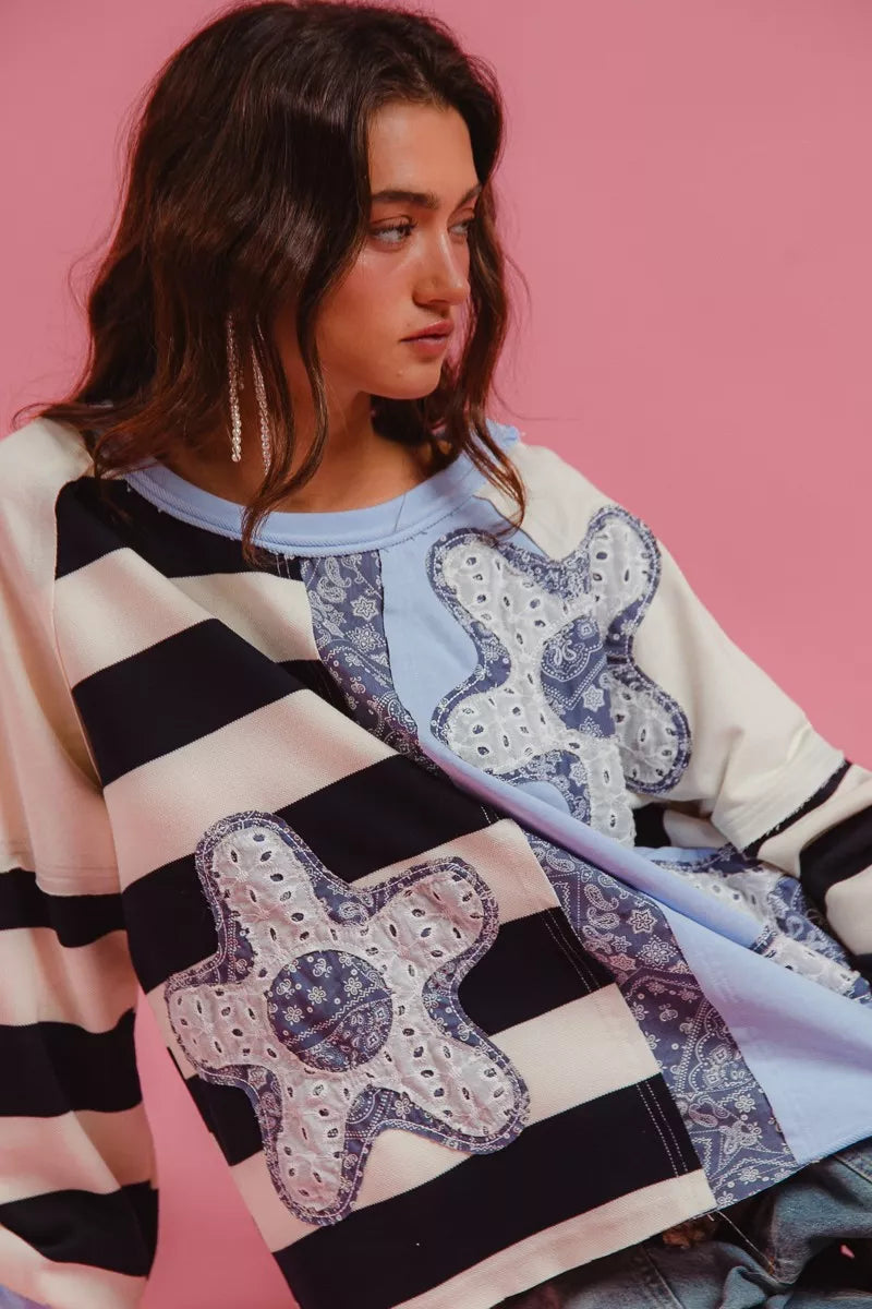 BiBi Patchwork Striped Round Neck Sweatshirt