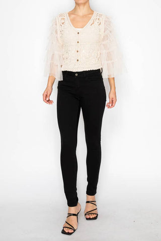 CROCHET CROPPED CARDIGAN WITH TIERED MESH SLEEVES OLS-4941: Black / L/XL