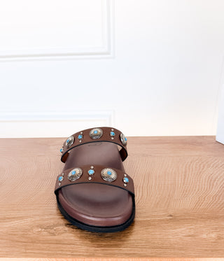 Briallen Western Studded Turquoise Sandal in Chocolate