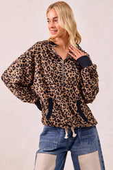 BiBi Leopard Print Waffle Half Zip Up Hoodie W Pocket