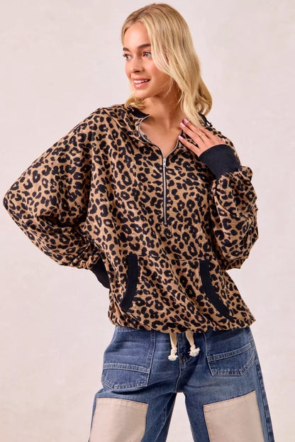 BiBi Leopard Print Waffle Half Zip Up Hoodie W Pocket