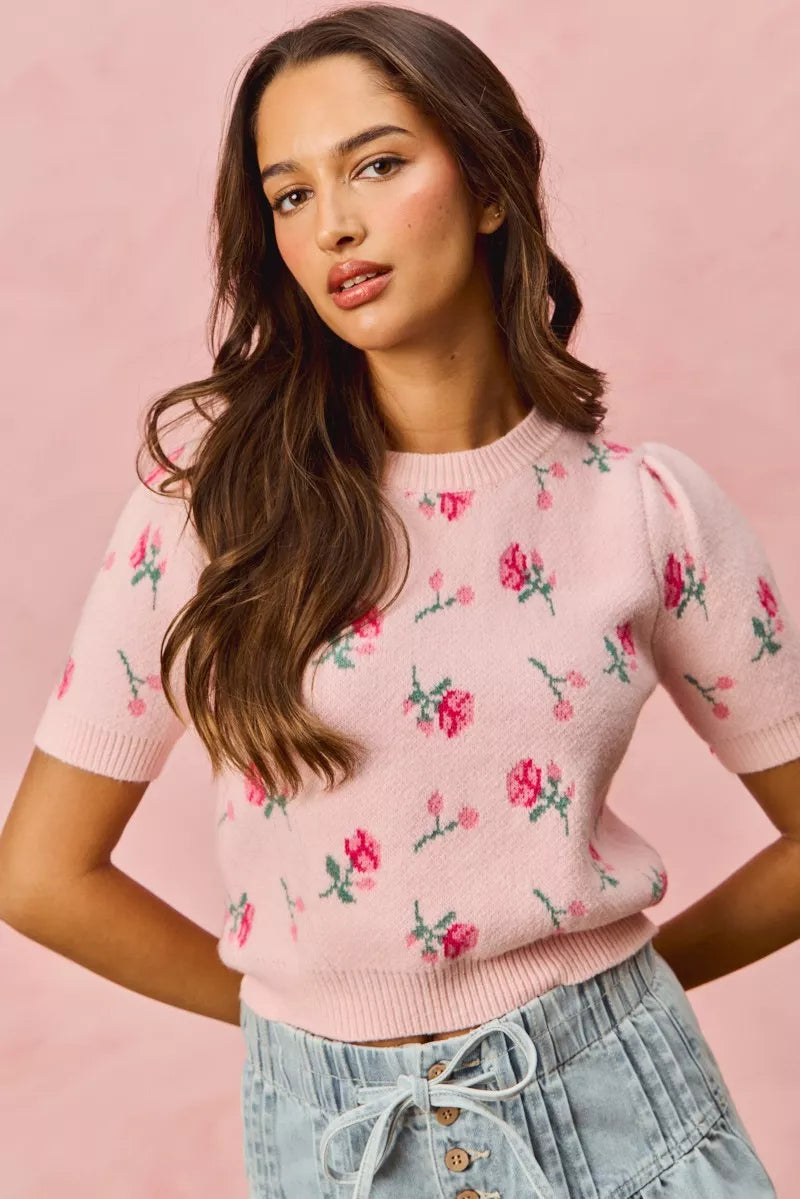 SO ME Floral Pattern Knit Puff Sleeves Sweater Top