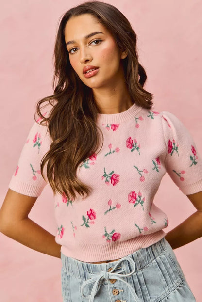 SO ME Floral Pattern Knit Puff Sleeves Sweater Top