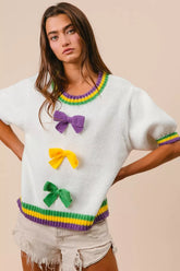 BiBi Short Puff Sleeve Ribbon Bow Mardi Gras Sweater