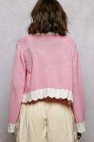 POL Button Down Cable-Knit Cardigan with Contrast Border Accents