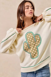 BiBi Cactus Embroidered Fleece Sweatshirt