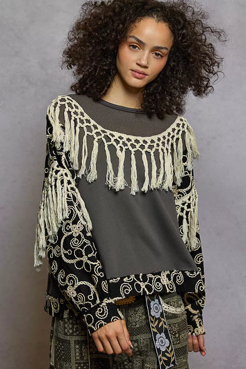 POL Contrast Floral Embroidery Balloon Sleeve Top with Tassel Trim
