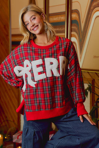 Christmas Tartan Plaid Merry Chenille Patch Sweatshirt