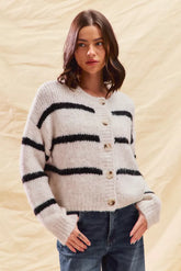 SO ME Stripe Soft Touch Button Cozy Sweater Cardigan