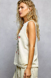 POL Strawberry Pattern Round Neck Sleeveless Sweater Top