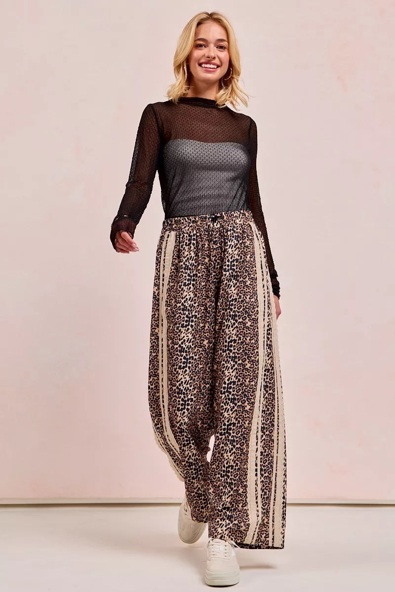 BiBi Leopard Printed Track Pants with Side Contrast Lace