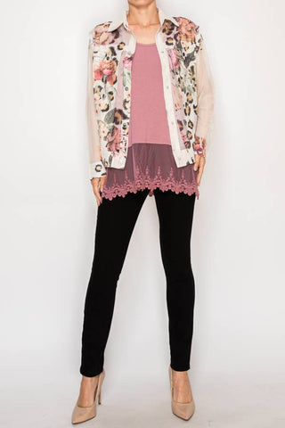 Origami - Leopard Floral Faux Suede Mesh Trimmed Detailed Jacket