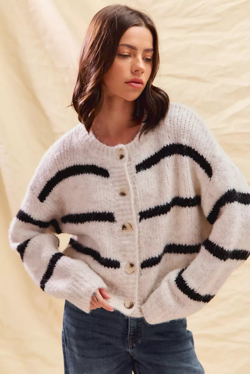 SO ME Stripe Soft Touch Button Cozy Sweater Cardigan