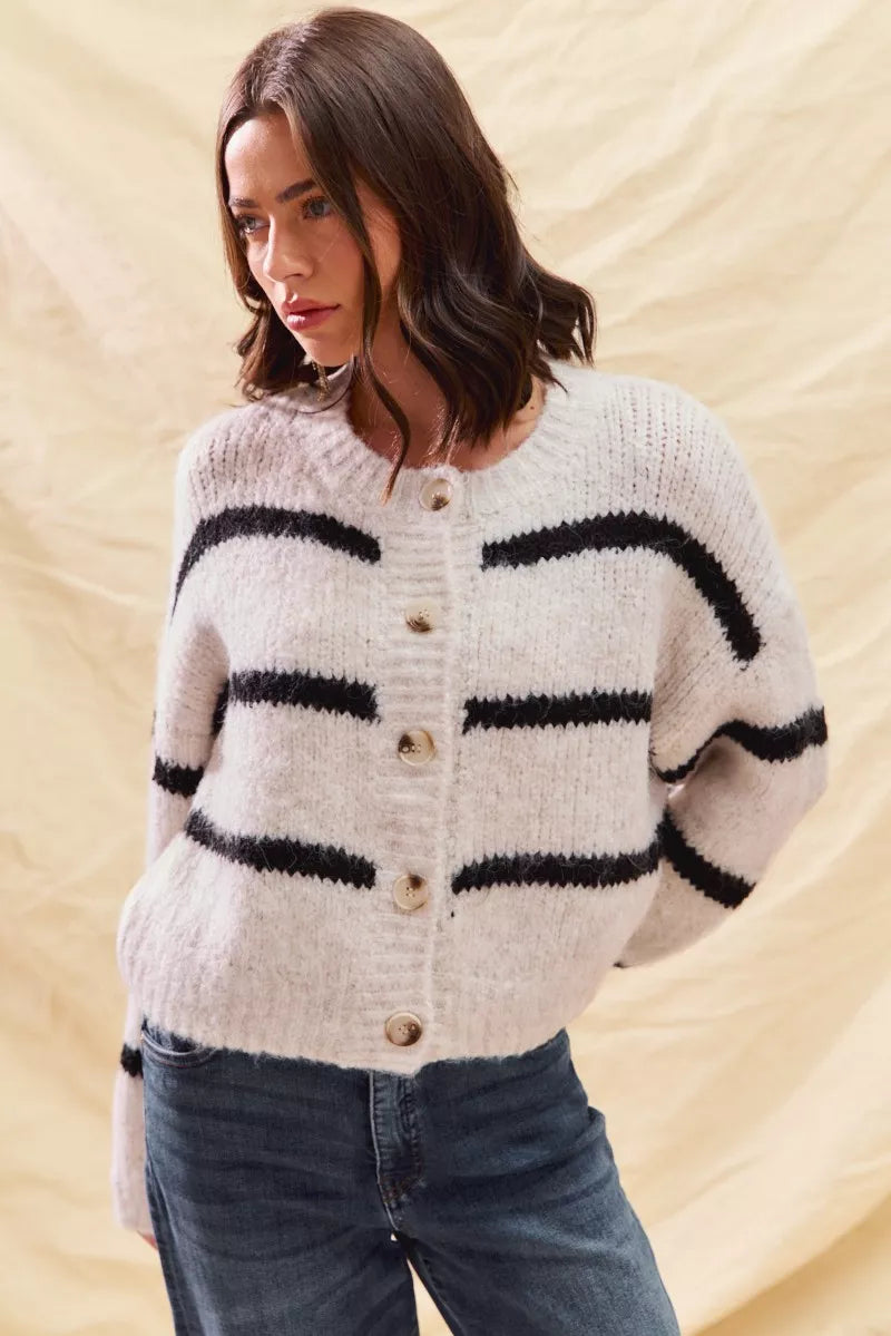 SO ME Stripe Soft Touch Button Cozy Sweater Cardigan